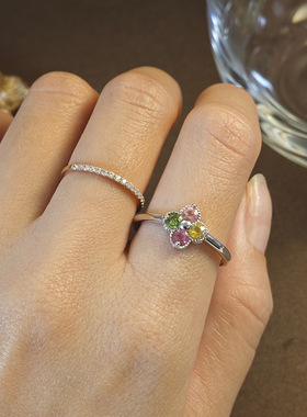 新款糖果色四叶草碧玺戒指彩宝戒指镶嵌银抖音直播爆款