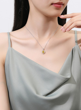 欧美简约百搭S925纯银黄钻宝石项链女黄色椭圆鸽子蛋8A锆石高碳钻