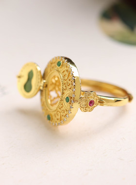 通体S925纯银镀金天然和田玉碧玉葫芦戒指国潮古风创意气质女指环