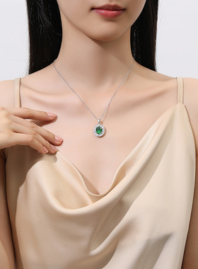 欧美跨境S925纯银祖母绿项链女款鸽子蛋满钻锁骨链8A锆石吊坠