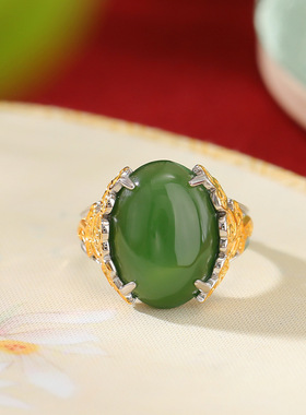 通体纯银S925纯银镀金和田玉碧玉复古新中式祥云蛋面戒指国风指环