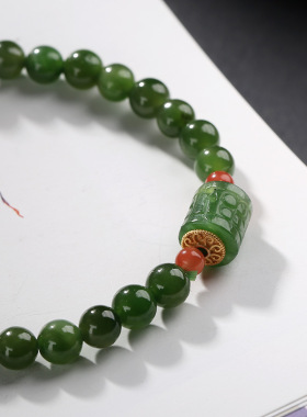 原创设计天然碧玉圆珠碧玉路路通手链女复古风小清新绿色手串手饰