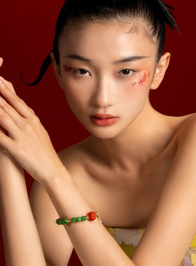 现货天然和田碧玉手链女款S925银镀18K金南红8mm圆珠手串源头