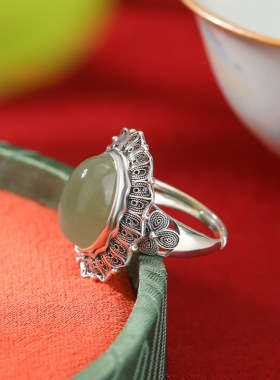 通体纯银S925纯银和田玉晴水玉复古做旧花纹蛋面戒指大气百搭指环