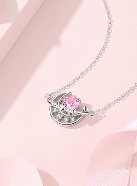 S925银原创设计月亮爱心星球项链女粉色心形轻奢锁骨链节日送女友