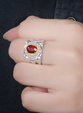 气质满钻鸽血红宝石戒指镀黄金双色豪华高档红钻石彩宝戒指
