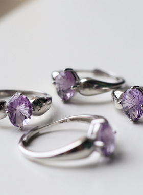 轻奢高级感天然紫水晶烟花切割完美蛋面戒指银紫水晶开口指环