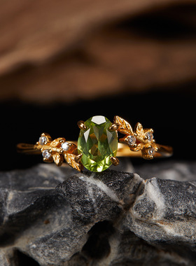 TEMU爆款S925纯银天然托帕石石榴石紫黄水晶橄榄石叶子彩宝戒指女