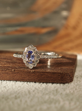 天然坦桑石戒指晶体剔透爆闪s925银戒指送女友麻麻