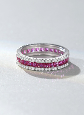 亚马逊跨境热销满圈方形粉排钻戒指女S925纯银嘻哈锆石高级感饰品