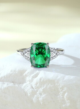 S925纯银冰花切8*10mm枕形蓝高碳钻戒指女士锆石三角排钻饰品