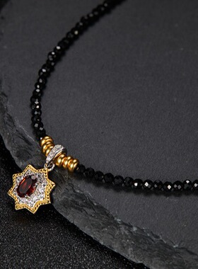 韩版天然石榴石吊坠黑尖晶s925纯银项链女轻奢锁骨链