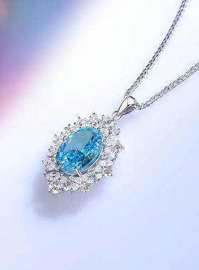 S925纯银帕帕拉恰10*14椭圆项链吊坠女欧美豪镶ins风落日红高碳钻