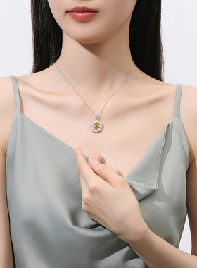 新款抖音S925银高碳钻吊坠欧美奢华高级设计黄宝石项链女满钻时尚