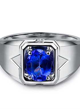 新款开口蓝宝石坦桑石戒指对称三角设计型男镶嵌蓝锆石戒指