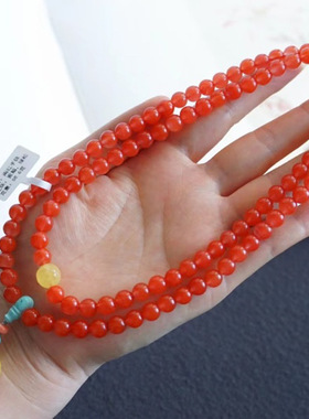 天然川料南红樱桃红手链7mm108颗搭配原矿蜜蜡富甲白玉米珠等等