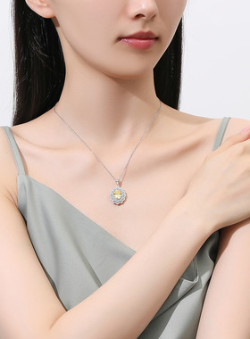 跨境S925纯银椭圆鸽子蛋黄钻珠宝吊坠项链女碎花切钻宝石锁骨链