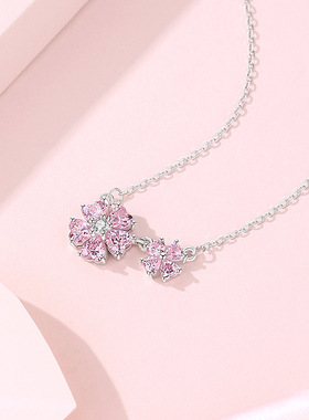 S925银双喜桃花芯项链女花朵小众设计百搭锁骨链跨境爆款轻奢项饰