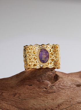 S925纯银镶天然橄榄石海蓝宝彩宝戒指男女复古高级感欧美爆款