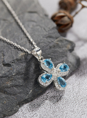 S925纯银四叶草项链镶天然石榴石托帕石透辉石彩宝高档吊坠女