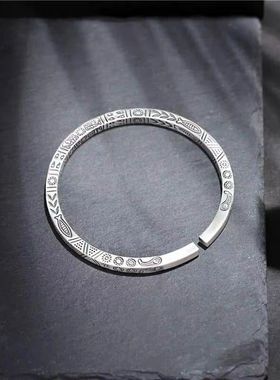 复古泰银手镯简约开口图腾手环女