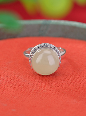 通体纯银S925纯银和田玉晴水玉复古做旧民族风圆珠戒指气质银指环