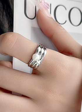 925纯银海上明月珍珠戒指女INS风小众高级感时尚开口指环饰品