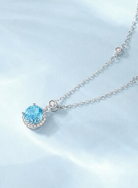 周家S925银项链女莫桑石海盐冰糖清冷感海蓝宝色夏季百搭锁骨链女