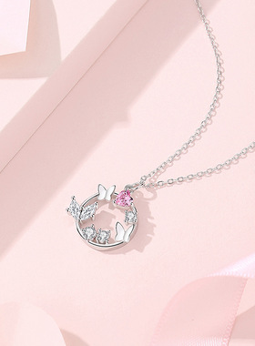 S925银原创设计蝴蝶镶粉钻项链女小众轻奢饰品高级锁骨链跨境爆款