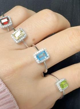 S925纯银天然彩宝方糖戒指食指戒简约饰品小众气质高级感直播