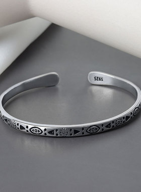 复古泰银鸡血藤手镯个性女泰国花纹开口镯子手环送闺蜜礼物民族风