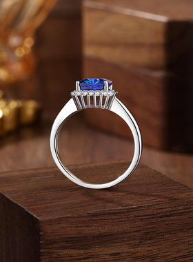 S925纯银显大款蓝椭圆高碳钻戒指女围锆石排钻欧美高级感饰品