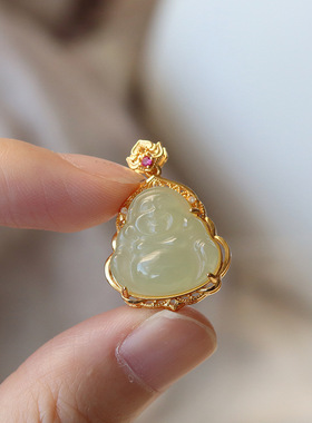 雏灵天然玉石吊坠和田玉佛公s925银镀金镶嵌大肚佛小红薯爆款吊坠