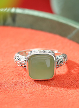 通体纯银S925纯银和田玉晴水玉复古做旧祥云纹方形戒指镂空银指环