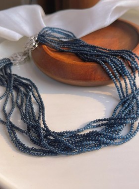 冷艳的蓝灰色猫眼石十层晚装链慵懒宝石锁骨链项链小众