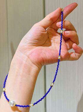 夏日多巴胺蓝色人造水晶锁骨链项链