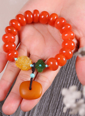 川料南红珠手链12mm单圈搭配老蜜蜡面包扣碧玉中国结手串男女