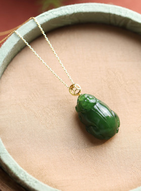 通体金镶嵌天然和田玉碧玉貔貅国潮国风气质送礼女款吊坠