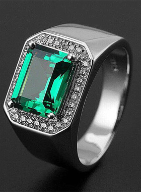 热卖祖绿戒指绿宝石男镶钻开口戒指镀白金坦桑色活口绿钻指环
