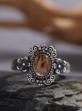 S925纯银镶天然虎眼黑金标青金彩宝泰银戒指女复古个性开口戒