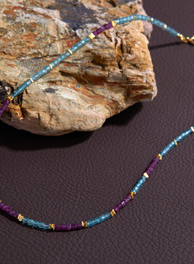 潮流设计开发S925纯银天然红宝石和磷灰石彩宝项链女色彩串珠爆款