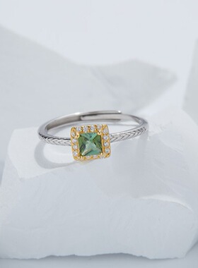 爆款方糖S925纯银戒指女轻奢高级感天然碧玺开口戒指环小红书热销