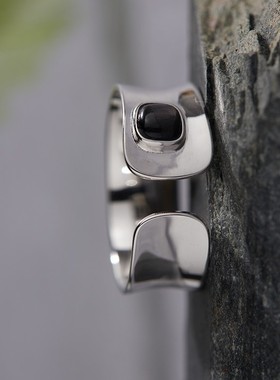 原创设计S925纯银镶天然金运石青金彩宝戒指女简约个性开口戒