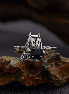 S925纯银天然蓝晶孔雀石星光红刚玉招财猫眼彩宝泰银戒指潮人个性