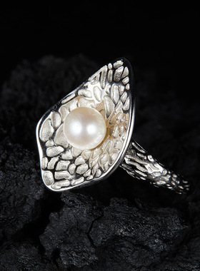 原创设计个性夸张S925纯银天然珍珠戒指女肌理小众高级感轻奢