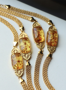 国风天然花珀表带手链款s925银镶嵌花体清新素雅琥珀复古百搭手链