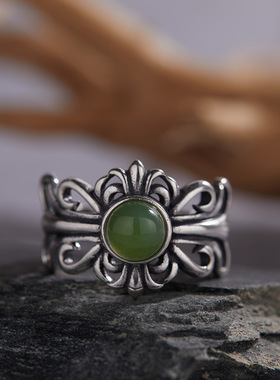 个性S925纯银天然彩宝戒指复古鸢尾花精致开口戒可调节情侣食指戒