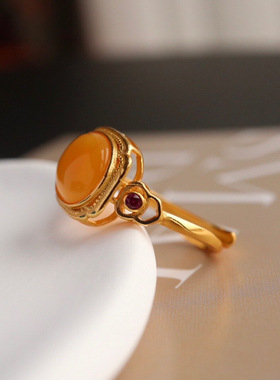 蜜蜡戒指女复古国风高级感镀金个性简新款蛋面开口指环直播供应链