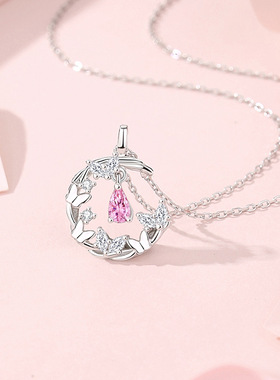 S925银蝴蝶项链女时尚百搭镶粉色锆石锁骨链轻奢ins藤曼吊坠