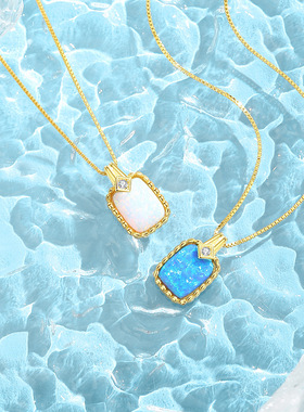 欧美热销复古海蓝星光欧泊项链女S925纯银枕形吊坠盒子链跨境饰品